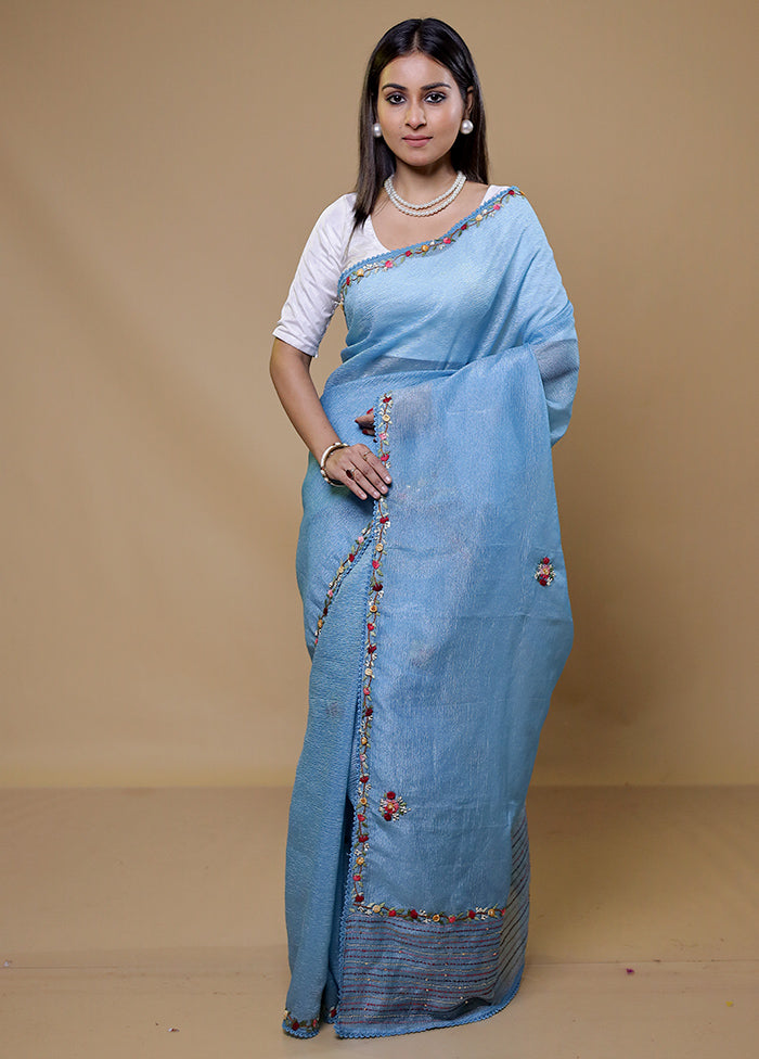 Blue Crushed Tissue Silk Saree With Blouse Piece