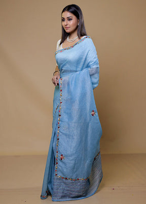 Blue Crushed Tissue Silk Saree With Blouse Piece