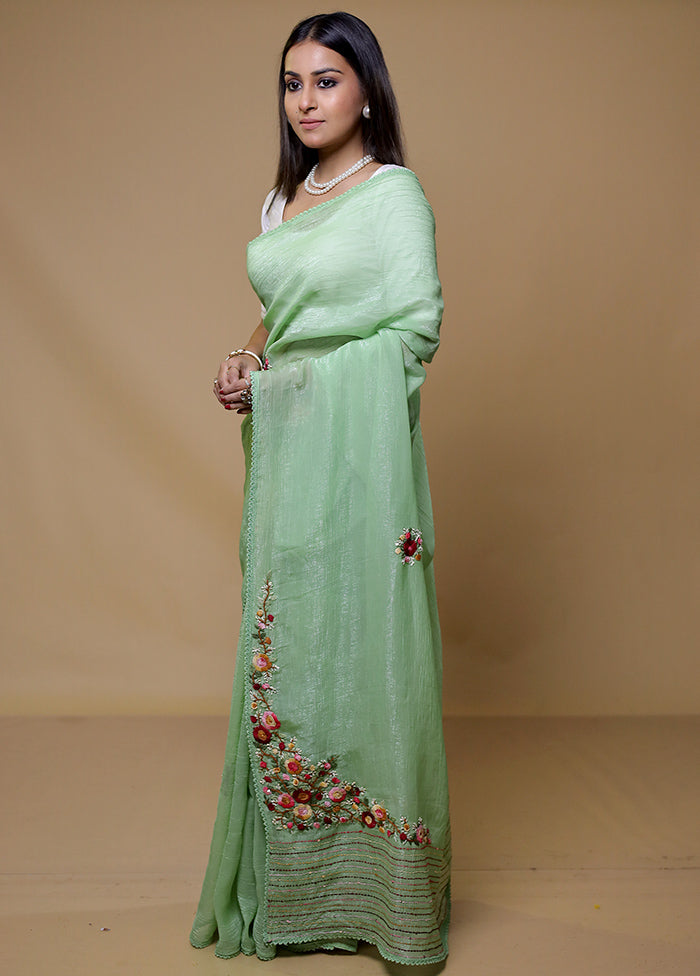 Green Crushed Tissue Silk Saree With Blouse Piece