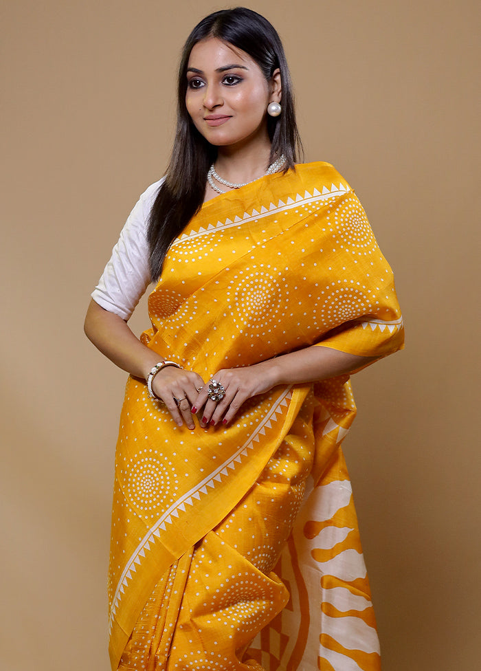 Yellow Printed Pure Silk Saree Without Blouse Piece