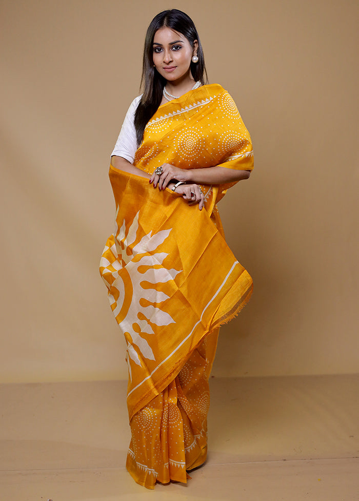 Yellow Printed Pure Silk Saree Without Blouse Piece