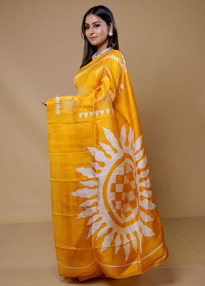 Yellow Printed Pure Silk Saree Without Blouse Piece