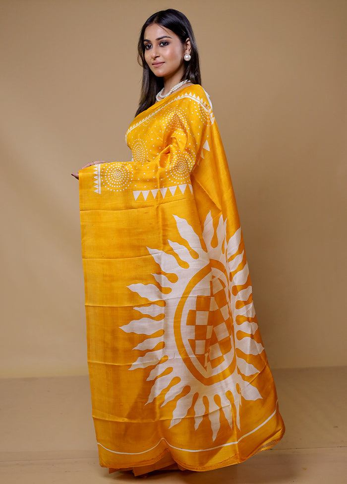 Yellow Printed Pure Silk Saree Without Blouse Piece