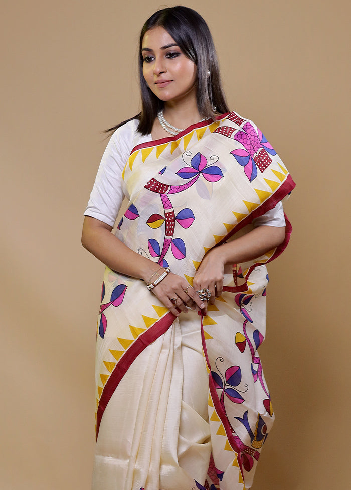 Cream Printed Pure Silk Saree Without Blouse Piece