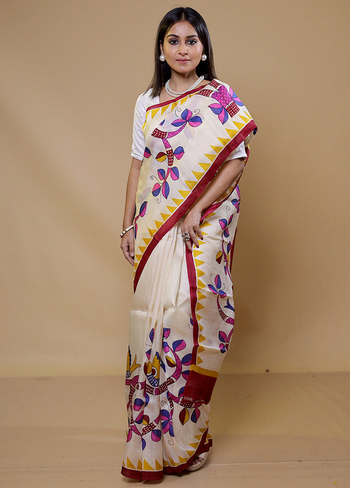 Cream Printed Pure Silk Saree Without Blouse Piece