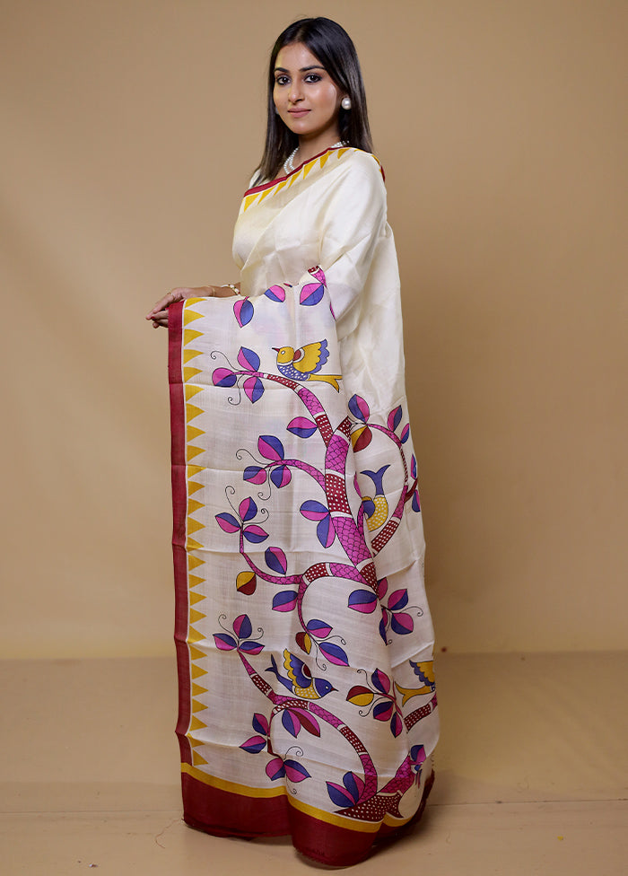 Cream Printed Pure Silk Saree Without Blouse Piece