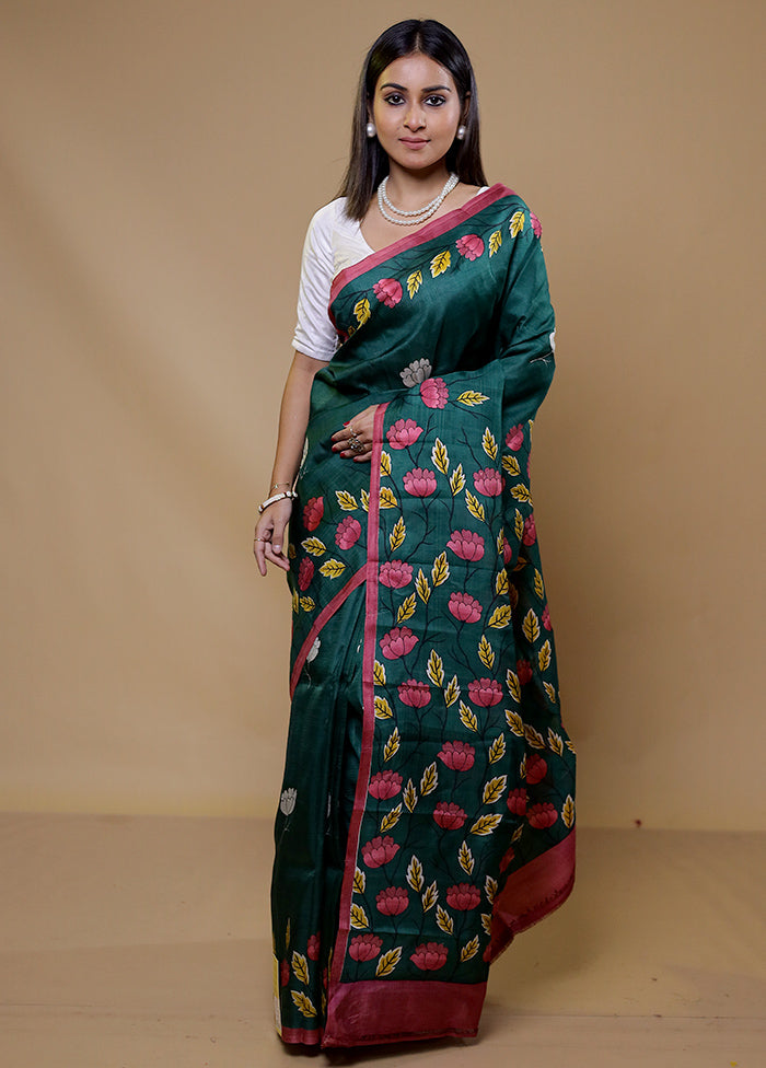 Green Printed Pure Silk Saree Without Blouse Piece