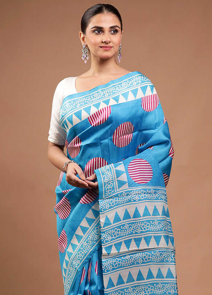 Blue Printed Pure Silk Saree Without Blouse Piece