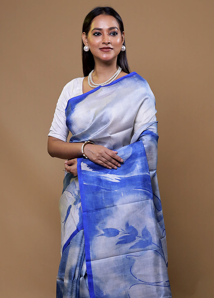 Grey Printed Pure Silk Saree Without Blouse Piece