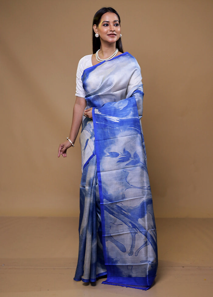 Grey Printed Pure Silk Saree Without Blouse Piece