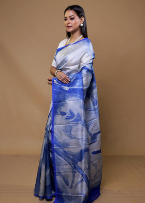 Grey Printed Pure Silk Saree Without Blouse Piece