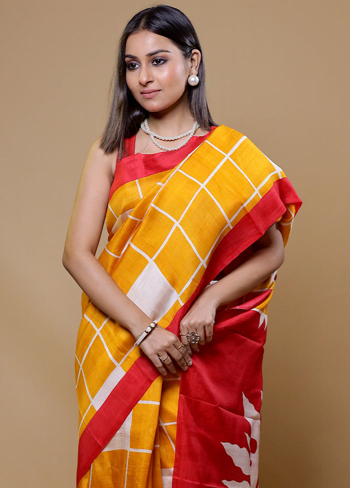 Yellow Printed Pure Silk Saree Without Blouse Piece