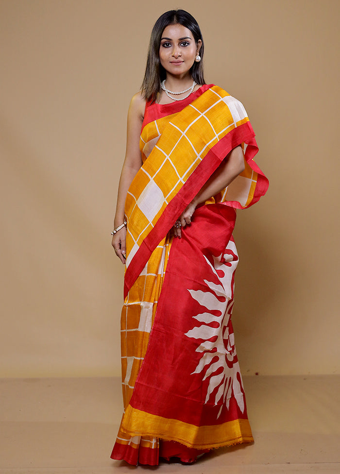 Yellow Printed Pure Silk Saree Without Blouse Piece