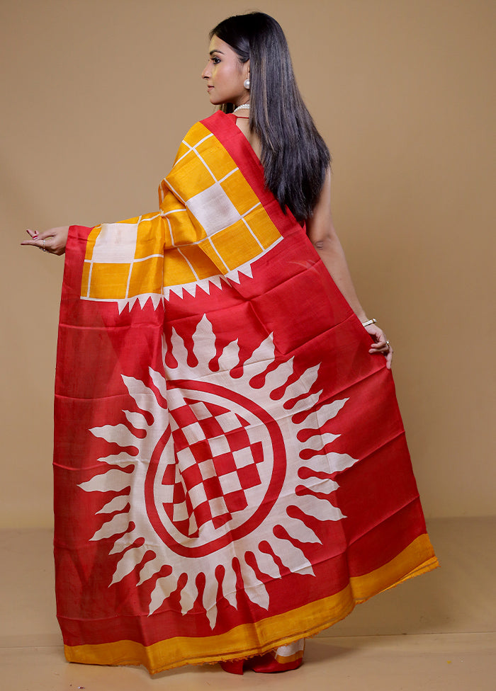 Yellow Printed Pure Silk Saree Without Blouse Piece