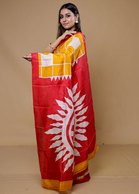 Yellow Printed Pure Silk Saree Without Blouse Piece