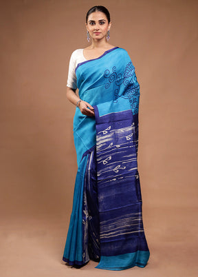 Blue Printed Pure Silk Saree Without Blouse Piece