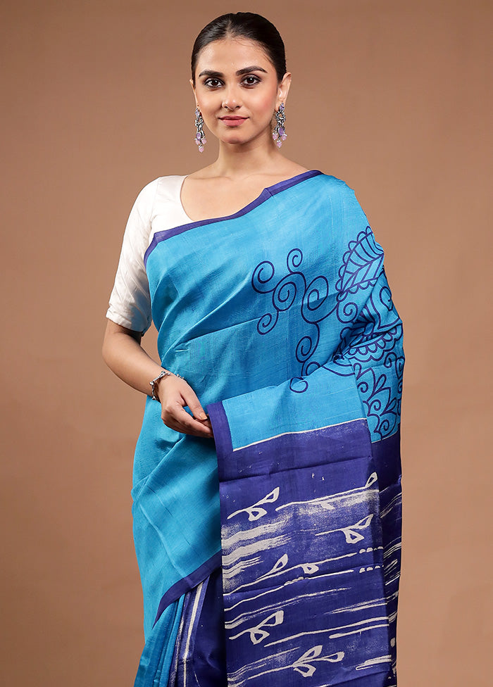 Blue Printed Pure Silk Saree Without Blouse Piece