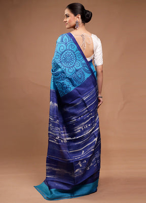 Blue Printed Pure Silk Saree Without Blouse Piece