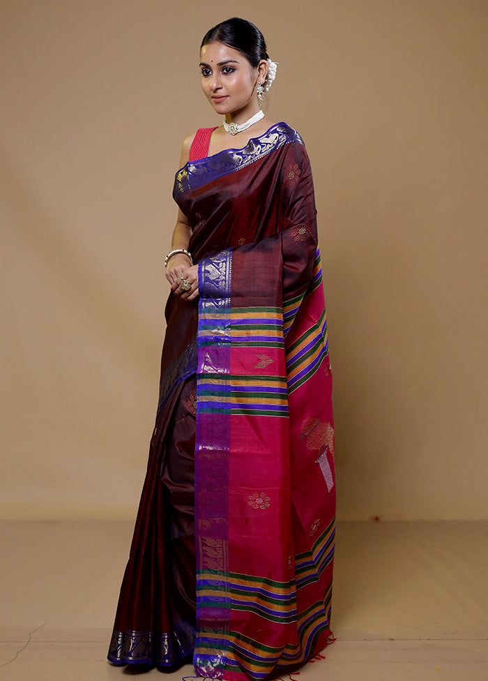 Maroon Handloom Kalakshetra Kanjivaram Pure Silk Saree With Blouse Piece