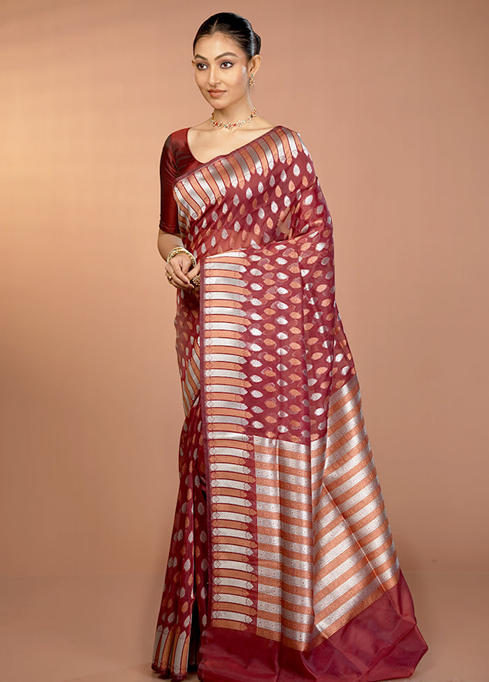 Maroon Organza Saree With Blouse Piece