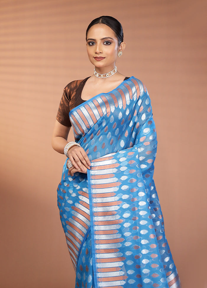 Blue Organza Saree With Blouse Piece