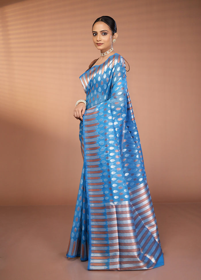 Blue Organza Saree With Blouse Piece