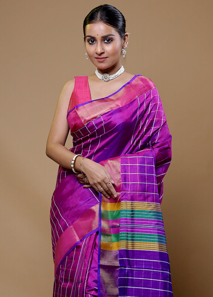 Purple Kalakshetra Kanjivaram Silk Saree With Blouse Piece