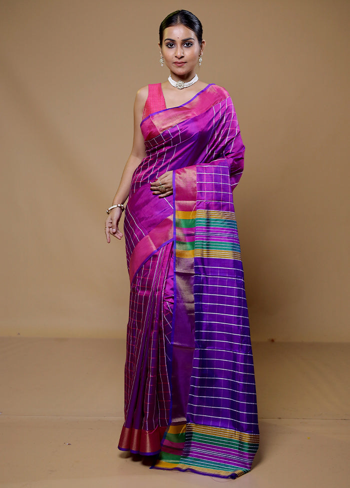 Purple Kalakshetra Kanjivaram Silk Saree With Blouse Piece