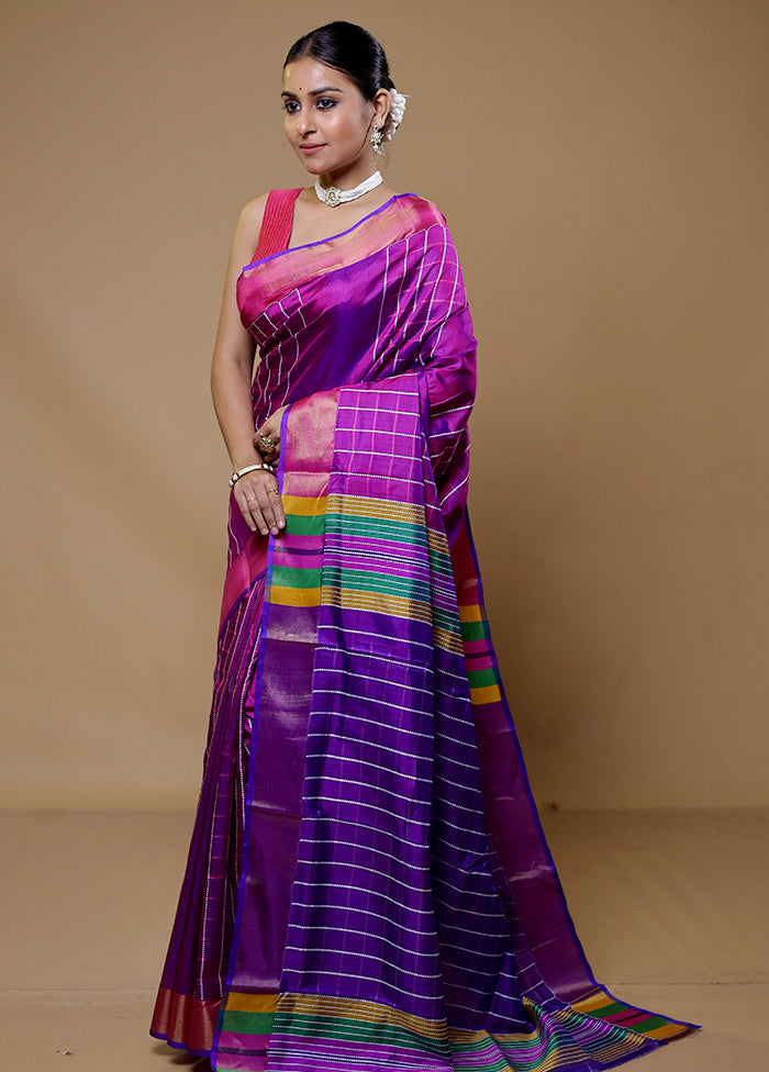 Purple Kalakshetra Kanjivaram Silk Saree With Blouse Piece