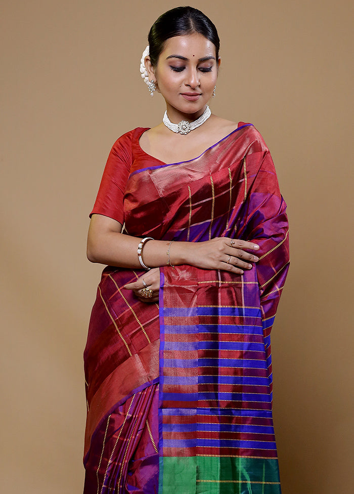 Maroon Kalakshetra Kanjivaram Silk Saree With Blouse Piece