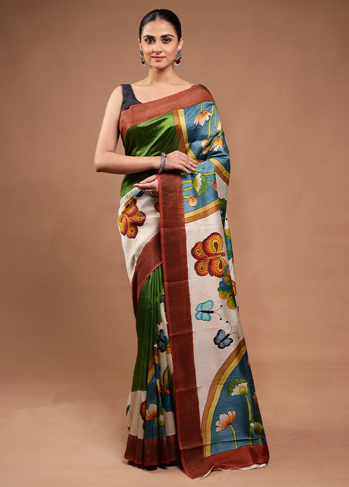 Green Printed Pure Silk Saree Without Blouse Piece