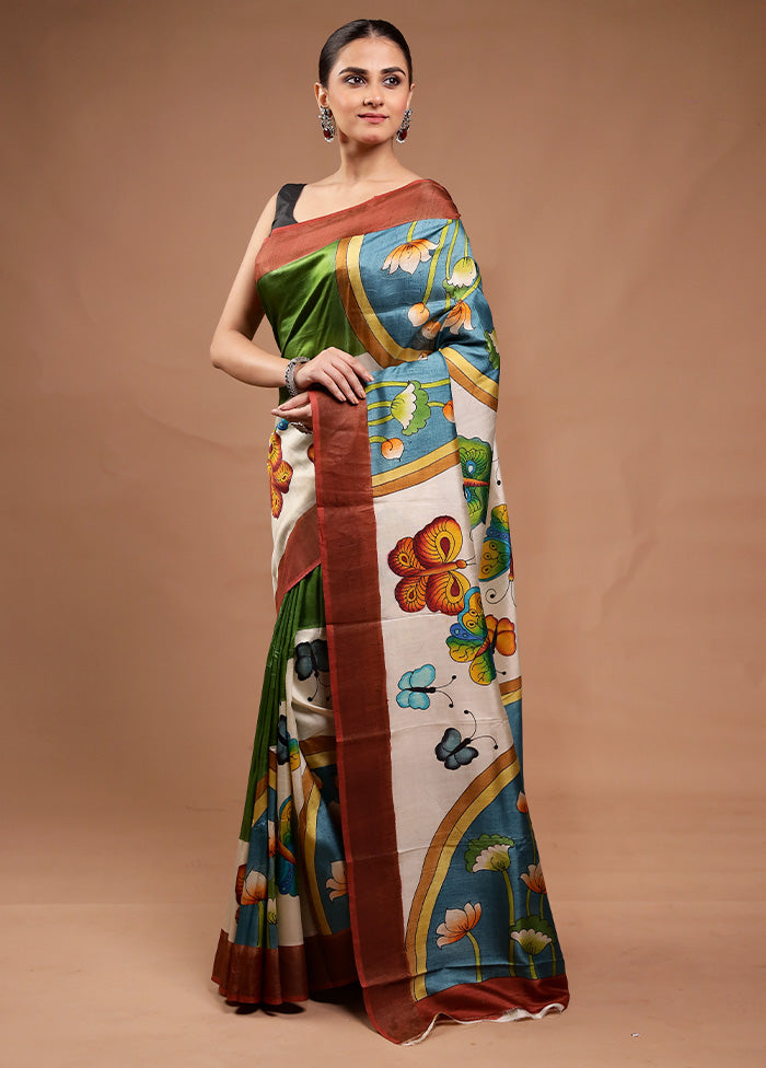 Green Printed Pure Silk Saree Without Blouse Piece