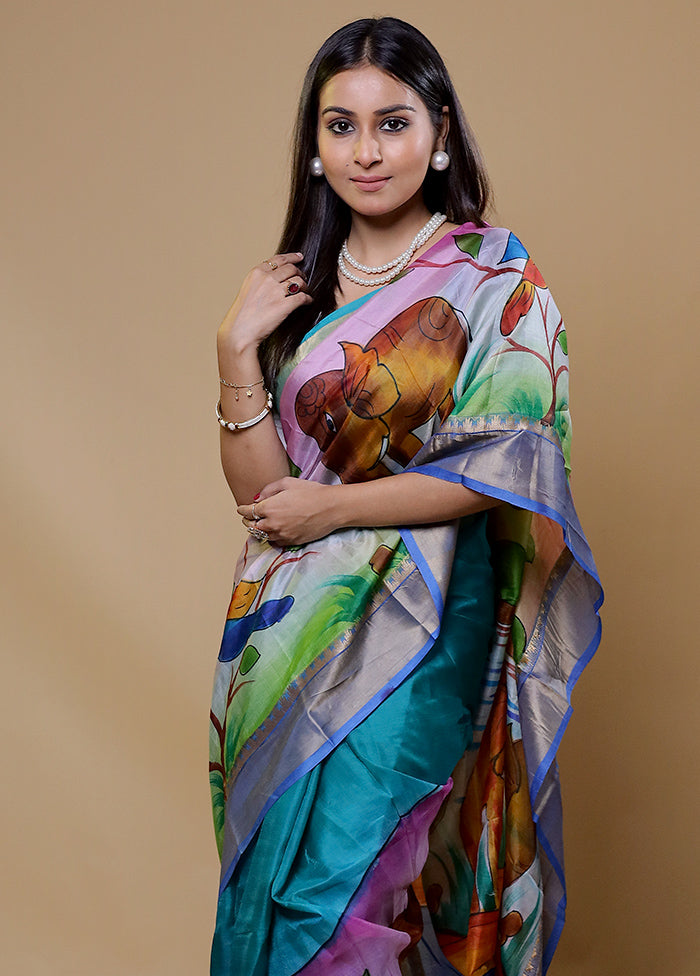 Blue Printed Pure Silk Saree Without Blouse Piece