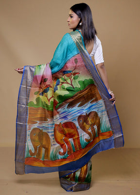 Blue Printed Pure Silk Saree Without Blouse Piece