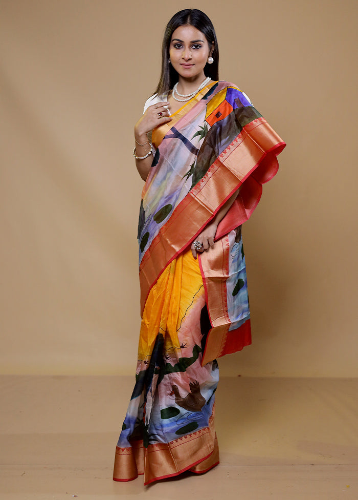 Yellow Printed Pure Silk Saree Without Blouse Piece