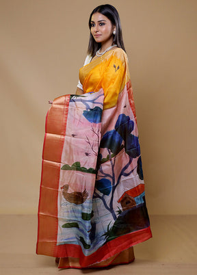 Yellow Printed Pure Silk Saree Without Blouse Piece