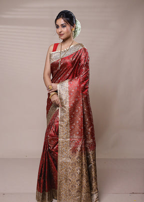 Maroon Handloom Jamewar Pure Silk Saree With Blouse Piece