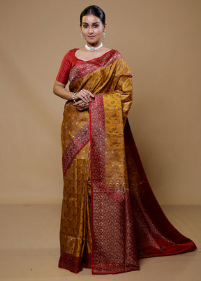 Brown Handloom Jamewar Pure Silk Saree With Blouse Piece