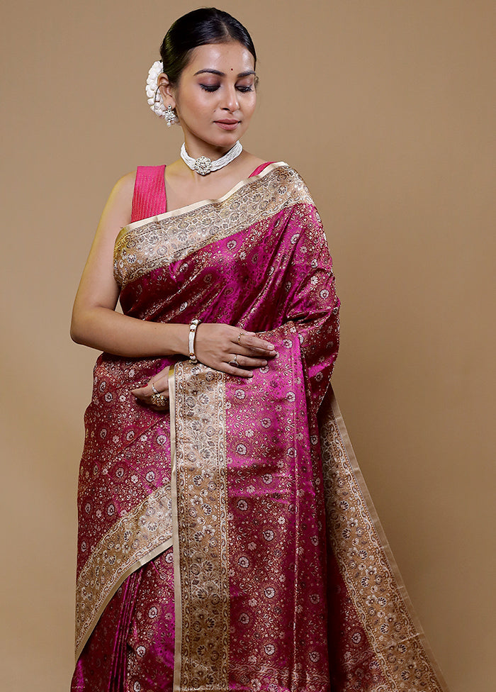 Pink Handloom Jamewar Pure Silk Saree With Blouse Piece