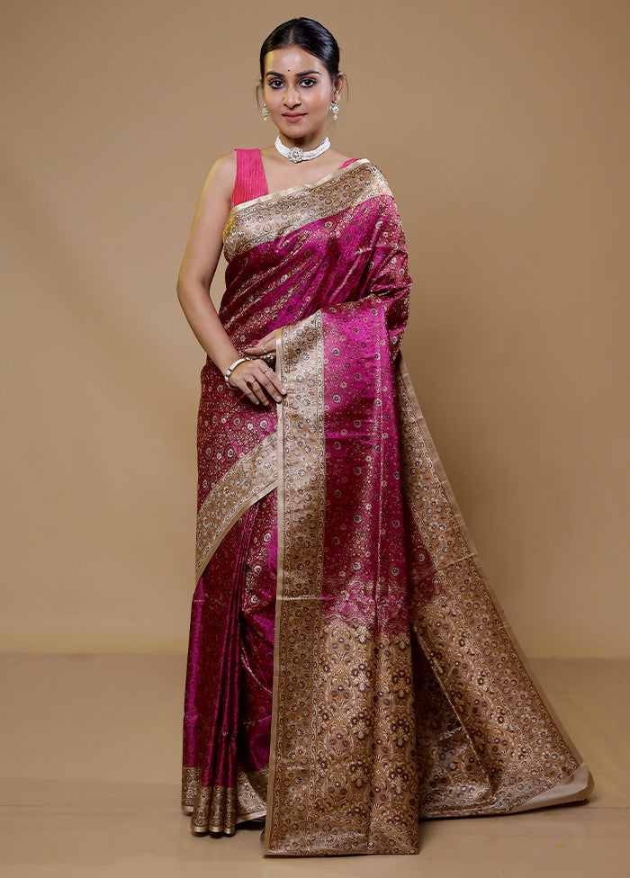 Pink Handloom Jamewar Pure Silk Saree With Blouse Piece