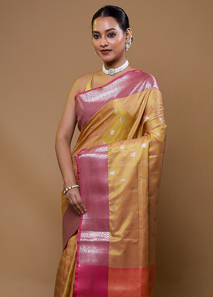 Golden Dupion Silk Saree With Blouse Piece