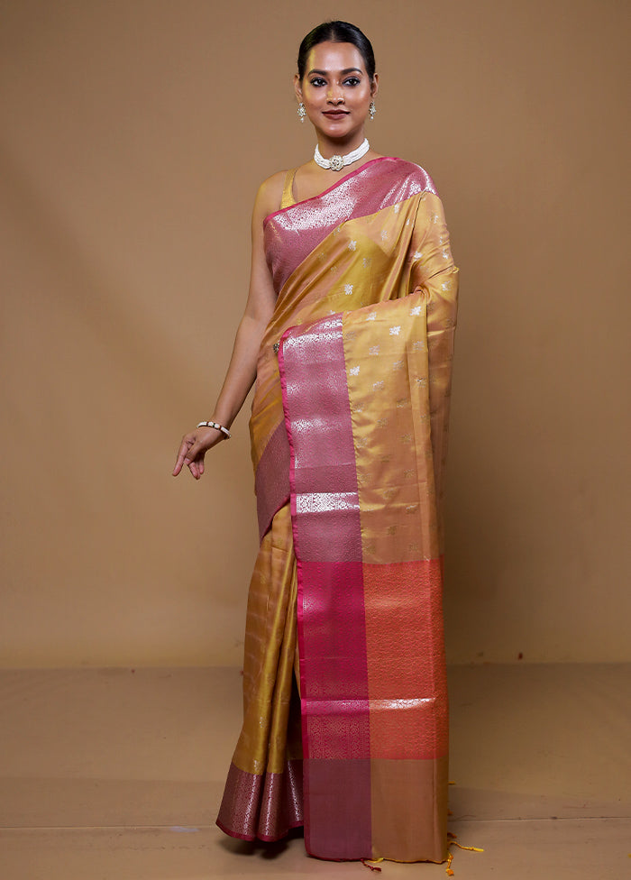 Golden Dupion Silk Saree With Blouse Piece