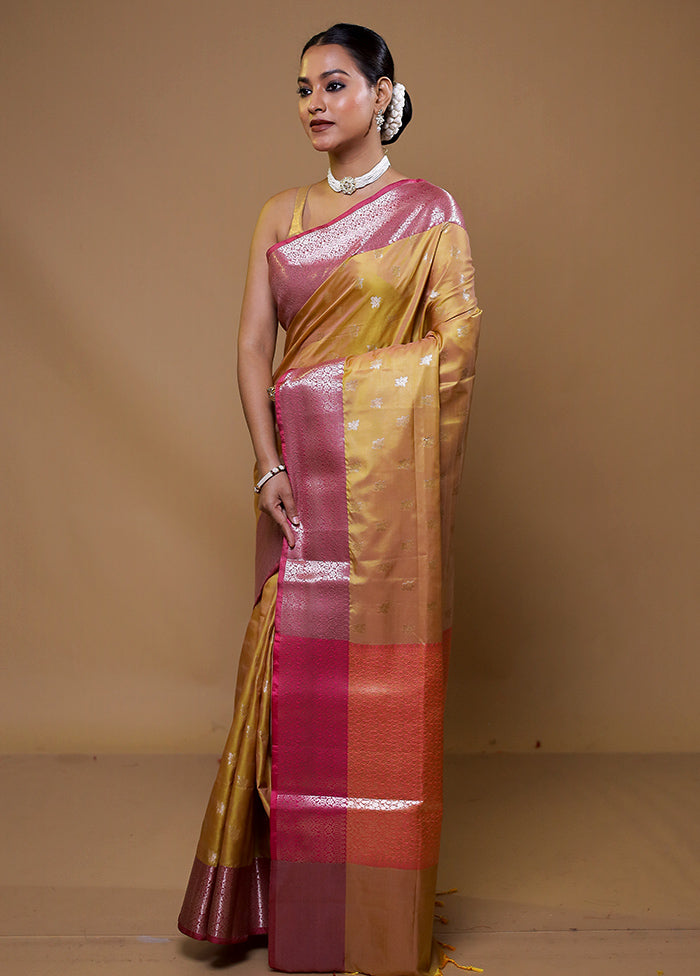 Golden Dupion Silk Saree With Blouse Piece