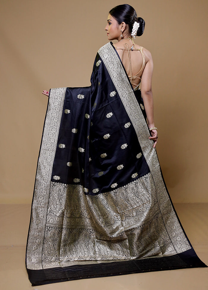 Black Handloom Banarasi Pure Silk Saree With Blouse Piece