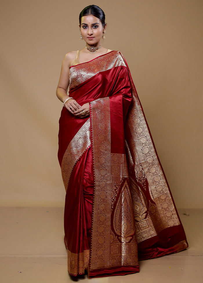 Maroon Banarasi Silk Saree With Blouse Piece