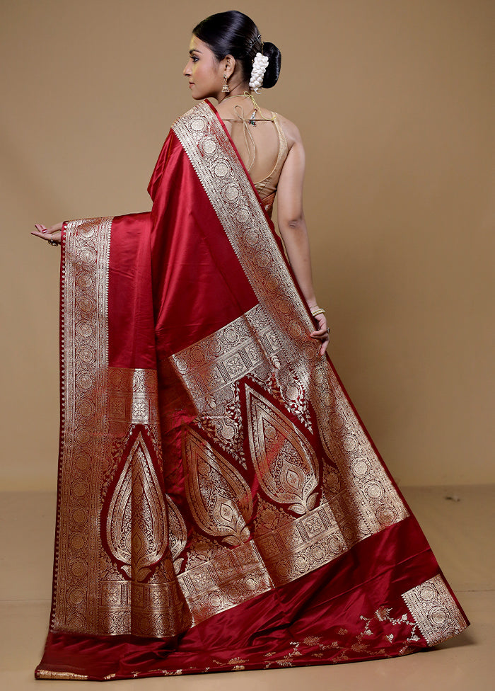 Maroon Banarasi Silk Saree With Blouse Piece