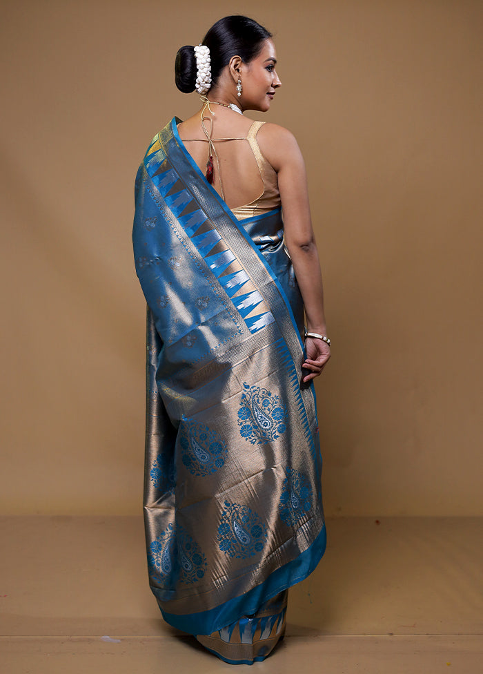 Blue Tissue Silk Saree With Blouse Piece