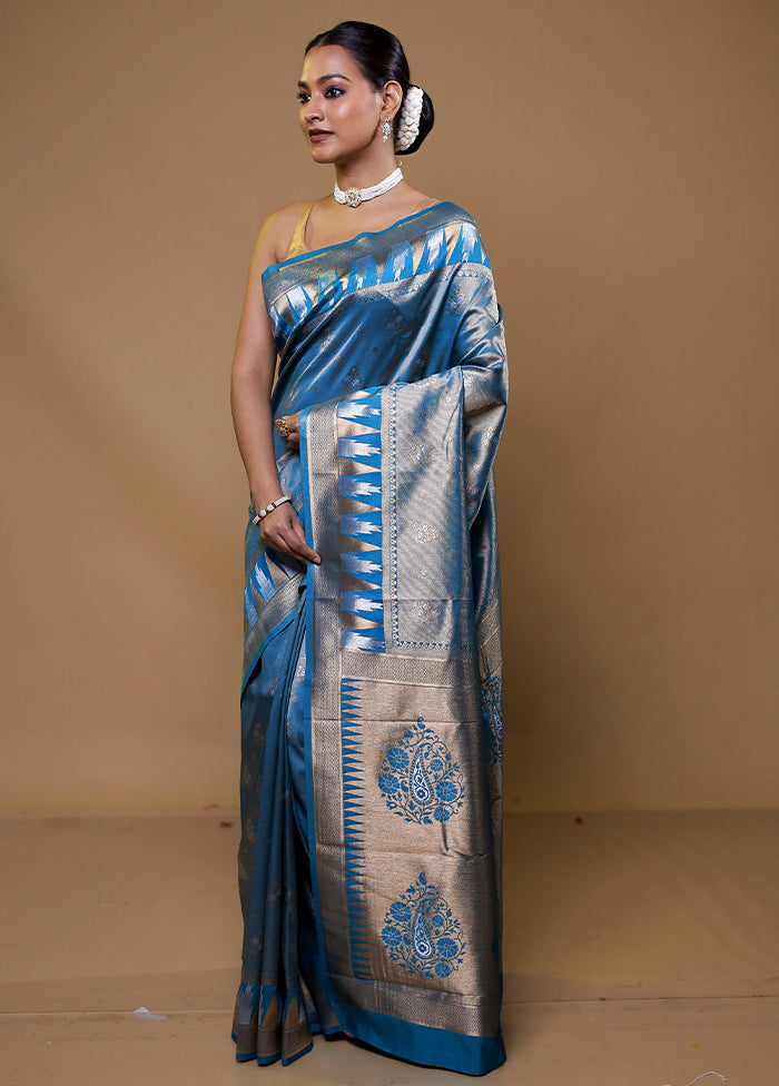 Blue Tissue Silk Saree With Blouse Piece