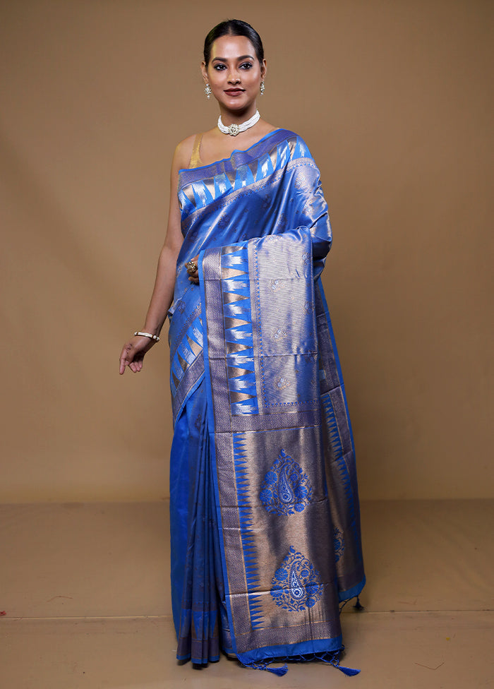 Blue Tissue Silk Saree With Blouse Piece