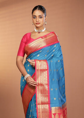 Blue Kanjivaram Silk Saree With Blouse Piece